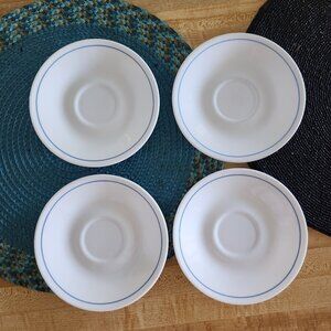 4 Corelle White Saucers with Blue Ring